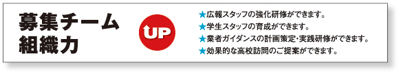 募集チーム組織力UP
★広報スタッフの強化研修ができます。
★学生スタッフの育成ができます。
★業者ガイダンスの計画策定・実践研修ができます。
★効果的な高校訪問のご提案ができます。